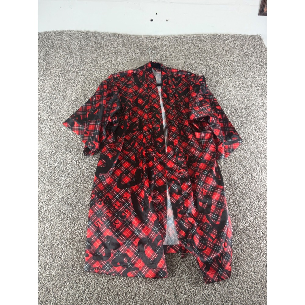 Victorias Secret Red Black Plaid Logo Satin Robe XS S Short Kimono Sleepwear